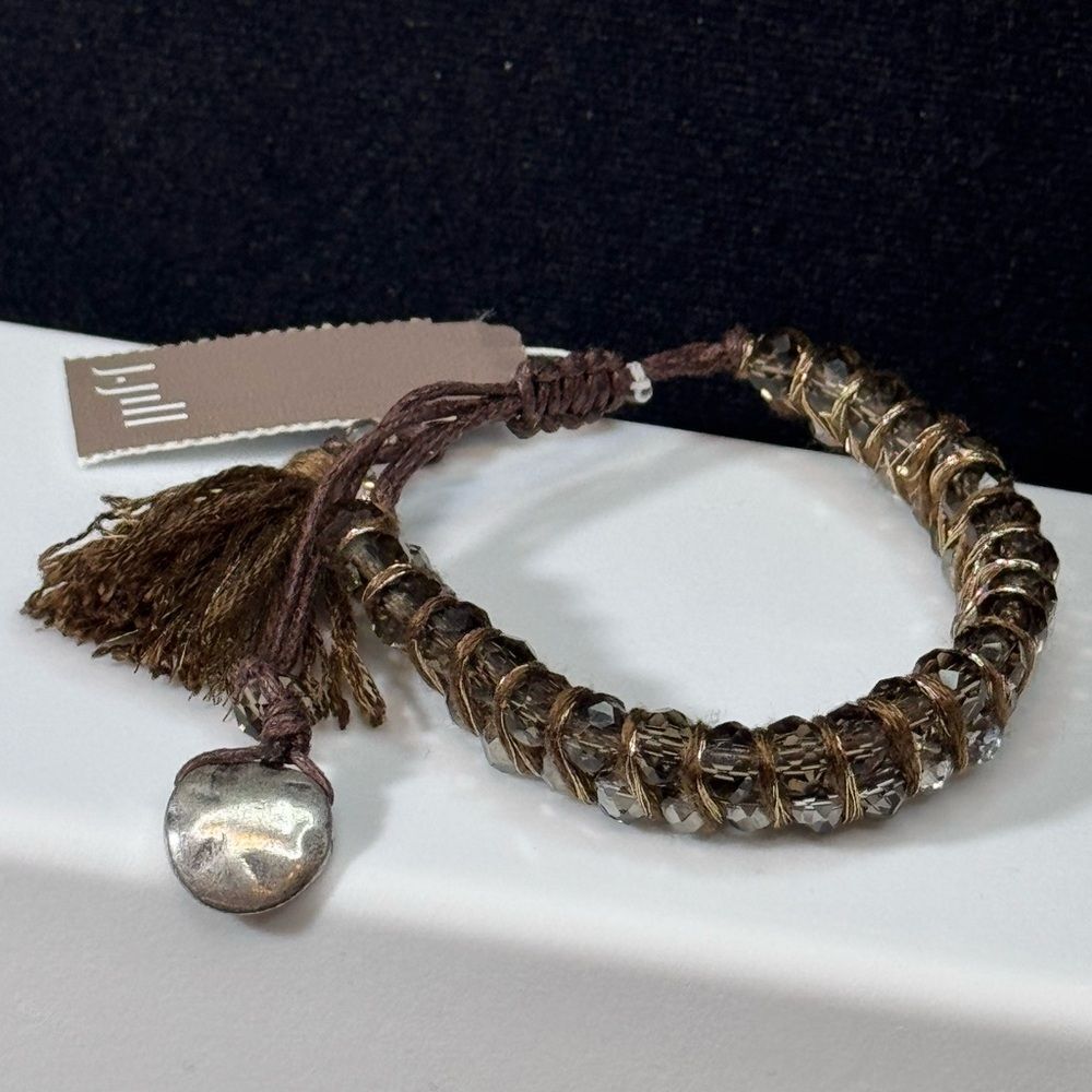 J Jill Crystal Beads Wrapped stranded Brown Pull Cord Bracelet Bolo W Tassle